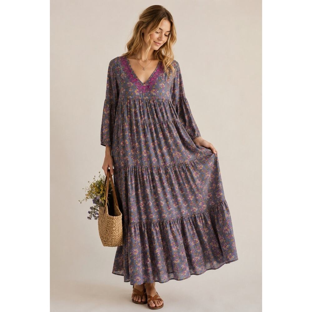 Natural Life Charlotte Long Cottage Boho Midi Dress Tiered - Embroidered size  L - Picture 12 of 12